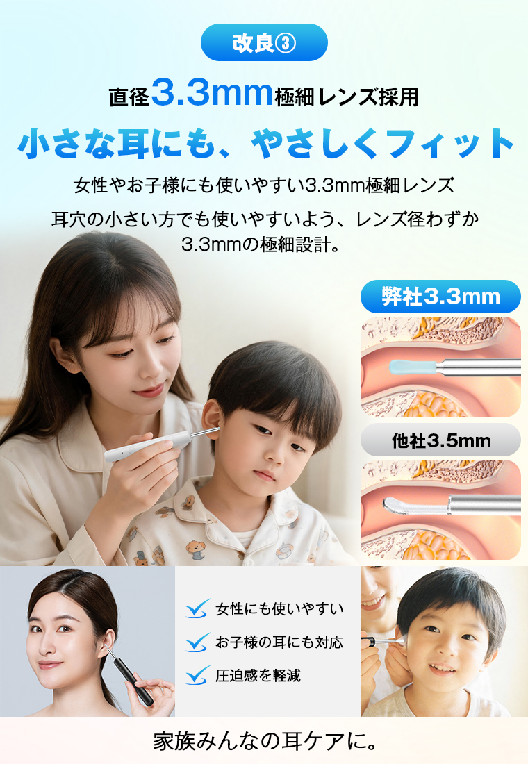  耳掃除耳かきイヤースコープ ライト耳かき ピンセット 光る 左右逆転機能 3.3mm極細レンズ