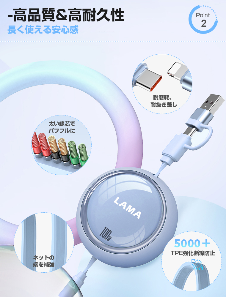  充電ケーブル タイプC 急速充電 1m タイプc to c 2026最新 巻き取り式 4in1 充電ケーブル iPhone充電 データ転送 