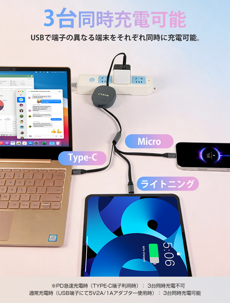  充電ケーブル 急速充電 巻き取り式 ケーブル 1.2m USB Type-Cケーブル 2in3 typeC to typeC USB C to USB C/ライトニングケーブル 