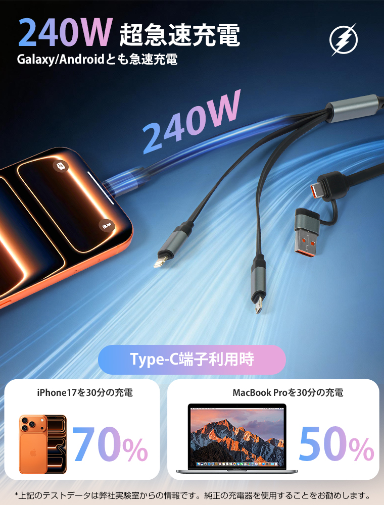  充電ケーブル 急速充電 巻き取り式 ケーブル 1.2m USB Type-Cケーブル 2in3 typeC to typeC USB C to USB C/ライトニングケーブル 