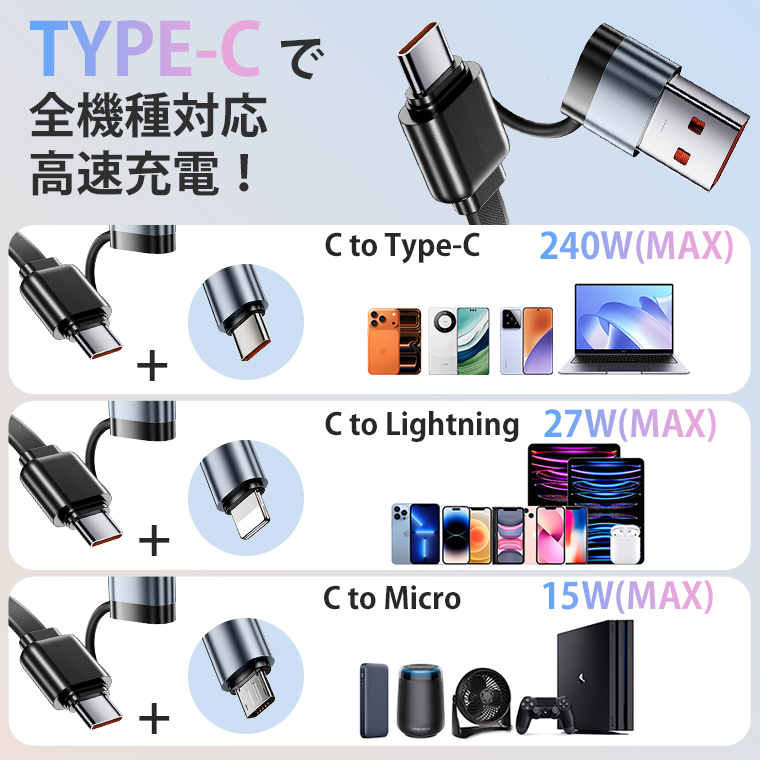  充電ケーブル 急速充電 巻き取り式 ケーブル 1.2m USB Type-Cケーブル 2in3 typeC to typeC USB C to USB C/ライトニングケーブル 