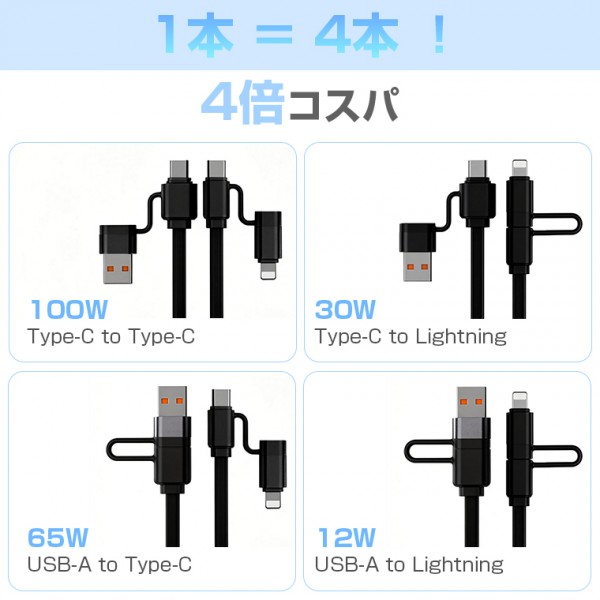 【PD100W&Type-C/USB対応】充電ケーブル タイプC 急速充電 1m タイプc to c 2026最新 巻き取り式 4in1 充電ケーブル iPhone充電 データ転送 