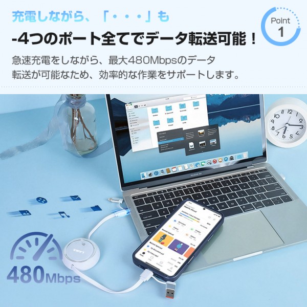 【PD100W&Type-C/USB対応】充電ケーブル タイプC 急速充電 1m タイプc to c 2026最新 巻き取り式 4in1 充電ケーブル iPhone充電 データ転送 