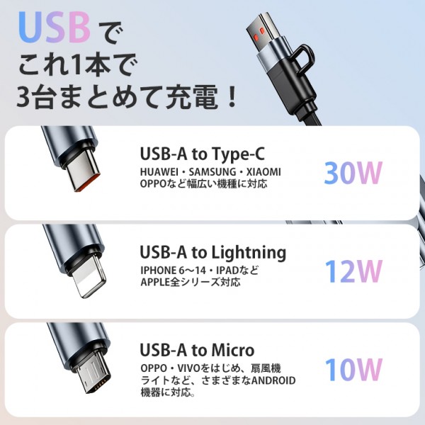充電ケーブル 急速充電 巻き取り式 ケーブル 1.2m USB Type-Cケーブル 2in3 typeC to typeC USB C to USB C/ライトニングケーブル
