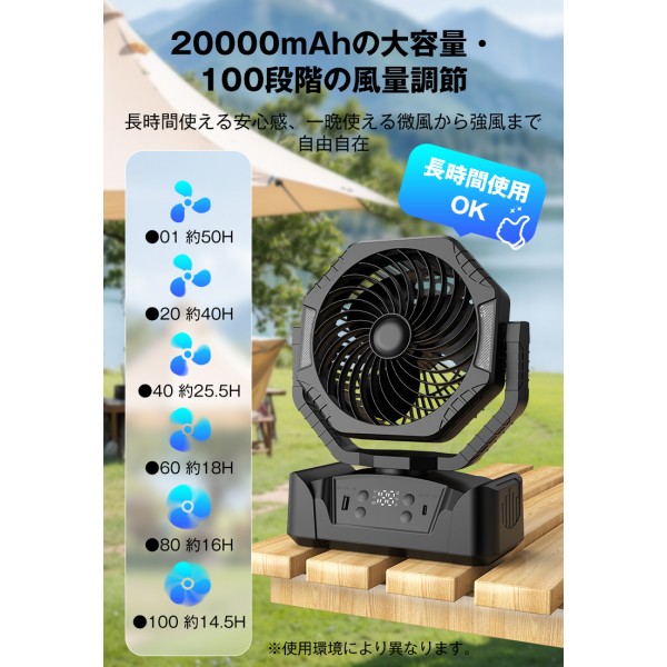 20000mAh大容量 充電式 扇風機卓上吊り下げサーキュレータコードレス充電式