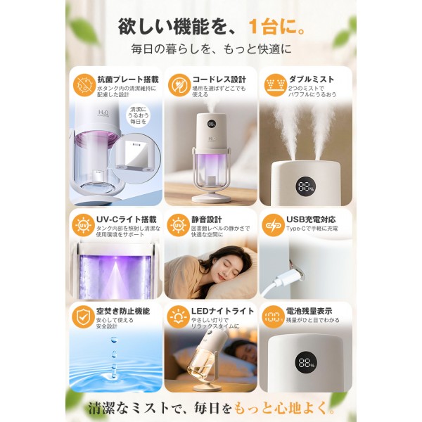 【抗菌プレート＆UV-Cライト搭載】加湿器 コンパクト 加湿器 卓上 オフィス コードレス