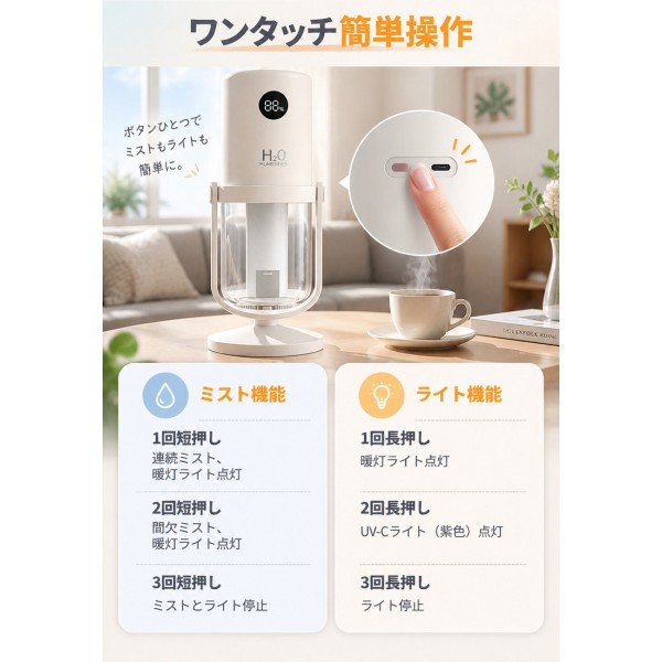 【抗菌プレート＆UV-Cライト搭載】加湿器 コンパクト 加湿器 卓上 オフィス コードレス