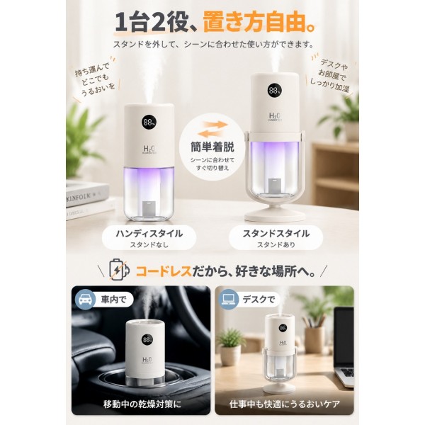 【抗菌プレート＆UV-Cライト搭載】加湿器 コンパクト 加湿器 卓上 オフィス コードレス
