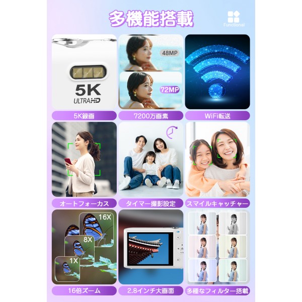デジタルカメラ コンパクト キッズデジカメ 2.8インチ大画面 16倍ズーム 子供用 