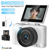 デジタルカメラ 180°回転自撮り 6400万画素 4K録画 トイカメラ vlog/YouTube/Webカメラ
