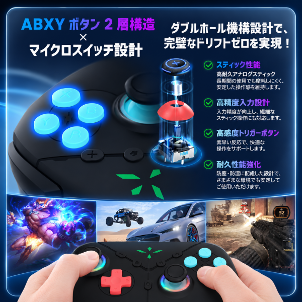 Switch / Switch 2完全対応 switch コントローラー 連射ホールド・ターボ機能標準搭載 高精細ジャイロセンサー内蔵
