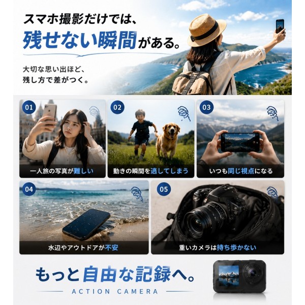 アクションカメラ ウェアラブルカメラ 4K 60fps 動画撮影 6軸 EIS手ブレ補正 Vlog 30M防水 水中撮影 130° 超広角レンズ 