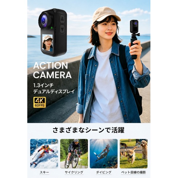 アクションカメラ ウェアラブルカメラ 4K 60fps 動画撮影 6軸 EIS手ブレ補正 Vlog 30M防水 水中撮影 130° 超広角レンズ 