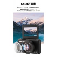 デジタルカメラ 180°回転自撮り 6400万画素 4K録画 トイカメラ vlog/YouTube/Webカメラ