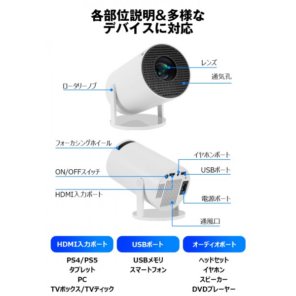 プロジェクター 小型 天井投影 自動台形補正 Android TV14.0 20000LM 4K対応 150インチ 270°回転 Android TV 家庭用