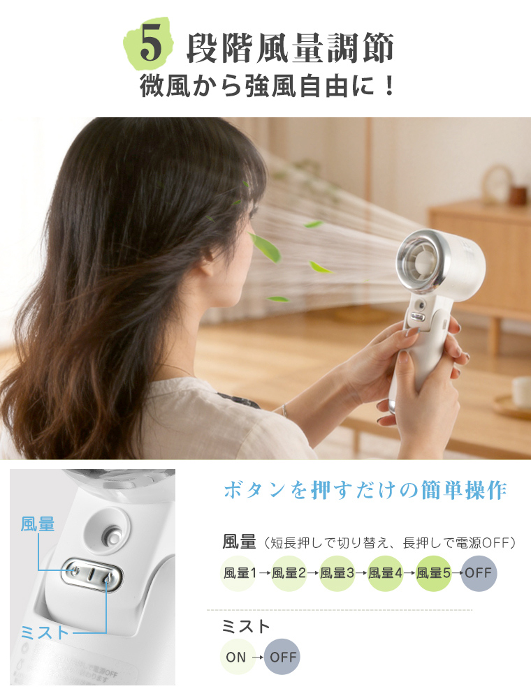 【ミスト+送風で瞬間冷却】2026年新ハンディファン ミストファン屋外コードレス手持ち扇風機