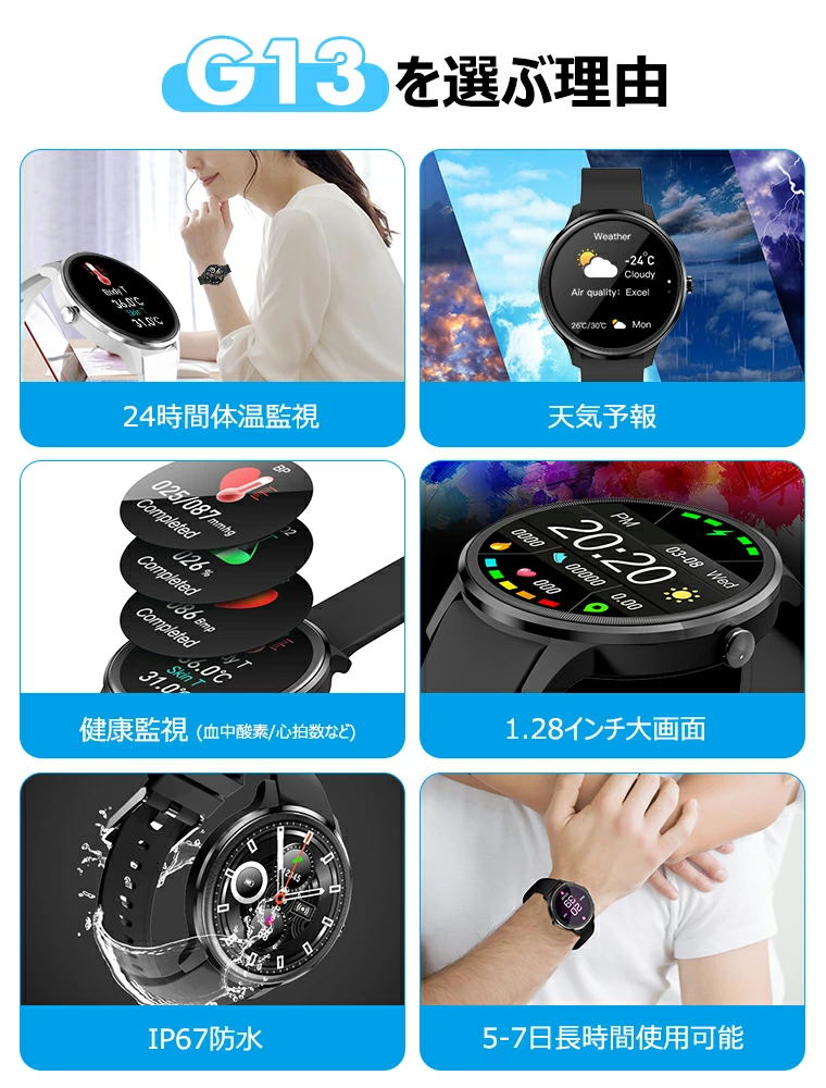 2022最新モデル1.28インチ大画面スマートウォッチ（G13）