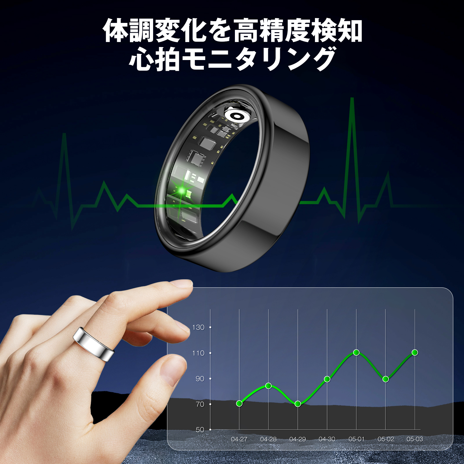 スマートリング 健康管理をもっとスマートに 24時間健康管理 IP68防水 心拍数測定 歩数計 血中酸素 飽和濃度活動量計 睡眠記録 運動記録 運動管理 消費カロリー