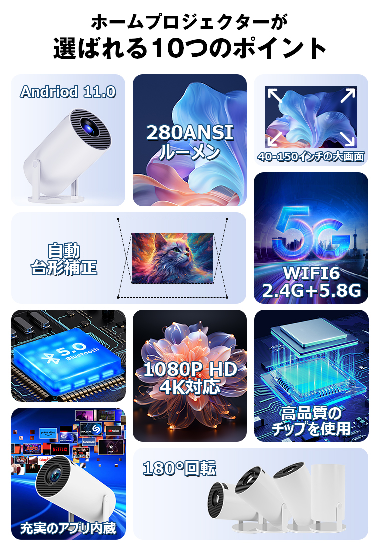  プロジェクター 小型 天井投影 自動台形補正 Android TV14.0 20000LM 4K対応 150インチ 270°回転 Android TV 家庭用 